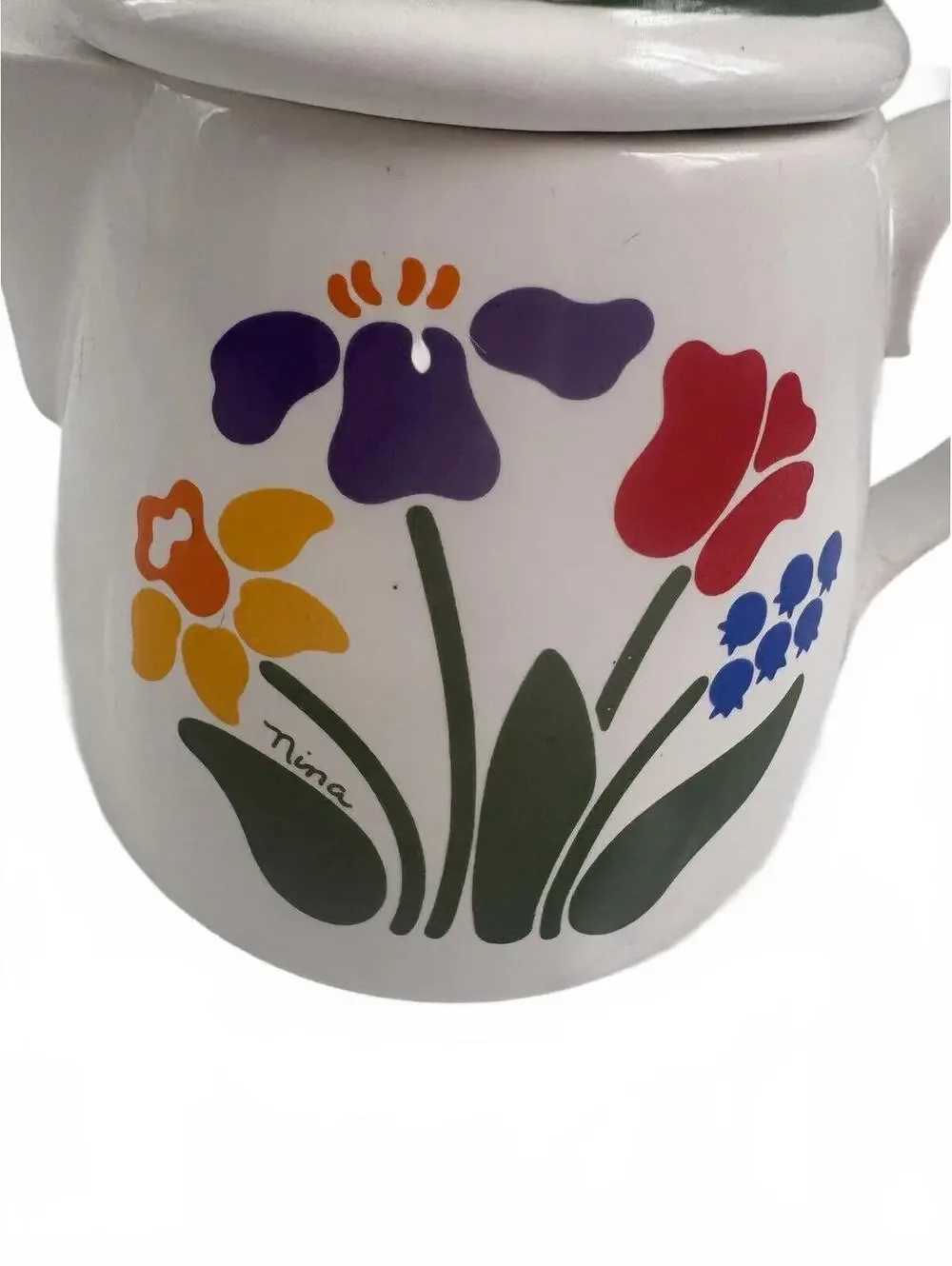 Nina |‎ Vintage Bright Flower Ceramic Teapot w Lid White Red Purple Orange